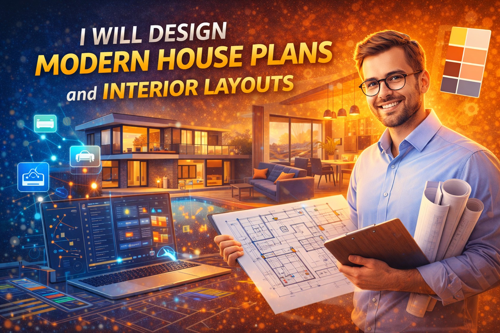 I will design modern house plans and interior layouts (floor plan + space planning + concept)