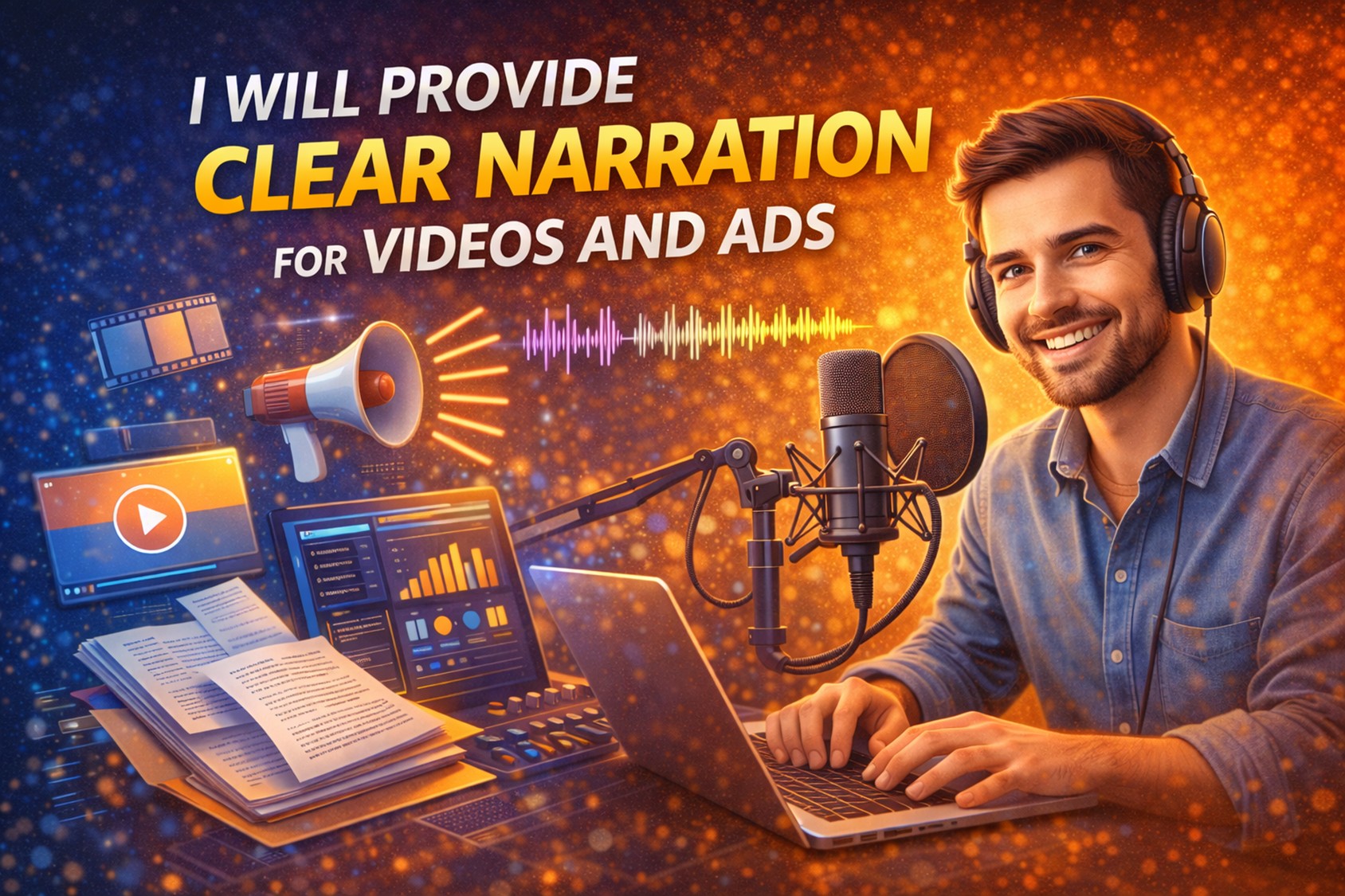 I will provide clear narration / voice over for videos and ads (clean audio, professional delivery)